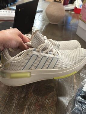 adidas Beige Mesh Sneaker with Light Blue Stripes